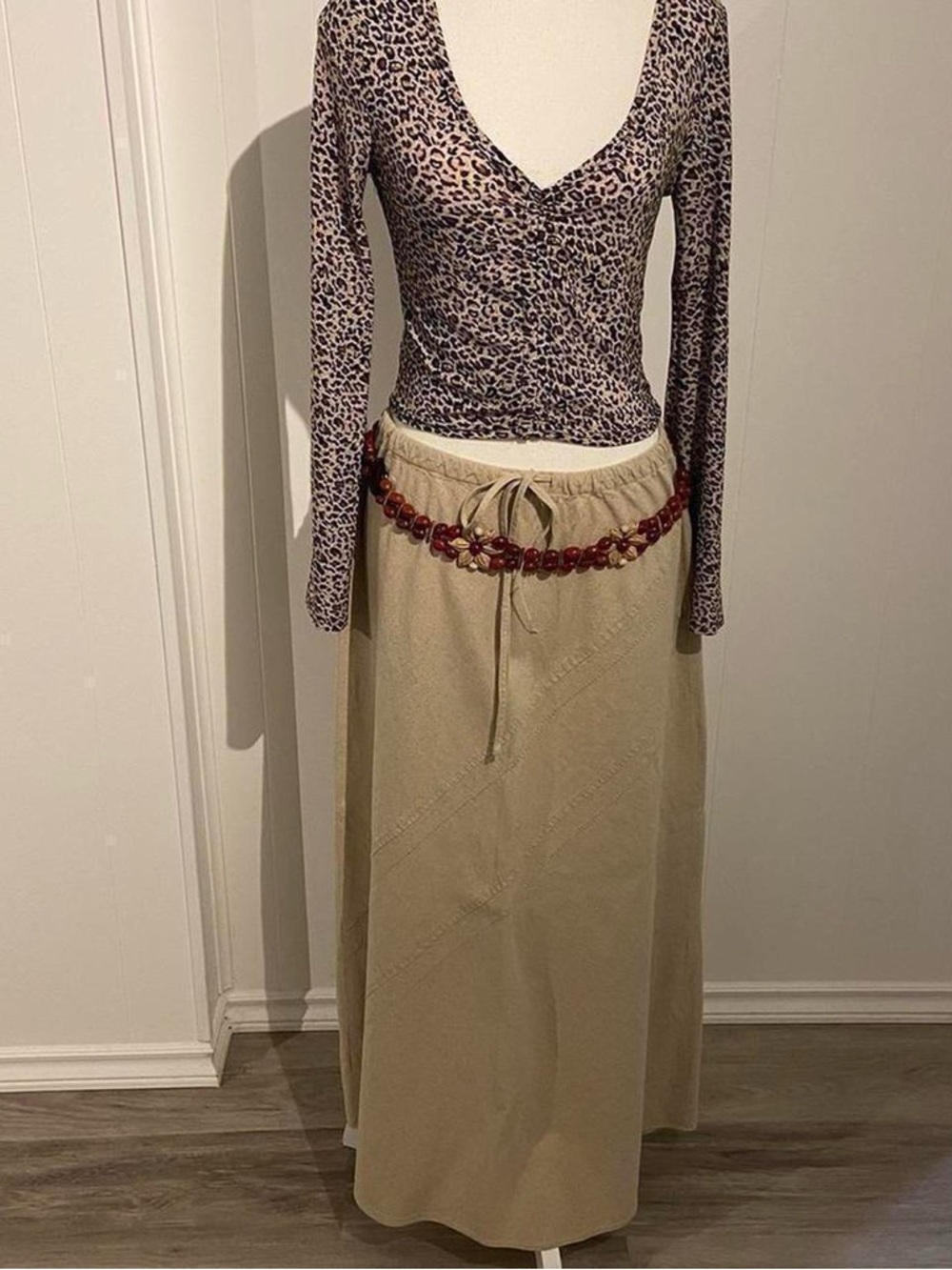 Beige Casual Drawstring Maxi Skirt